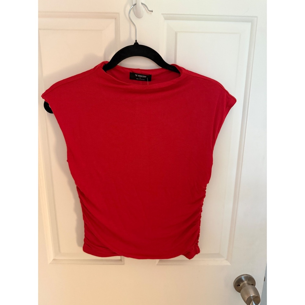 The Workshop Red Mock Neck Ruched Side Cap Sleeve Top Womens L